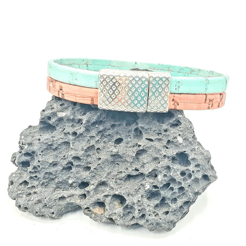 Aqua & Coral Thin Cork Bracelet